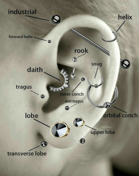 Nome e local das perfurações na orelha